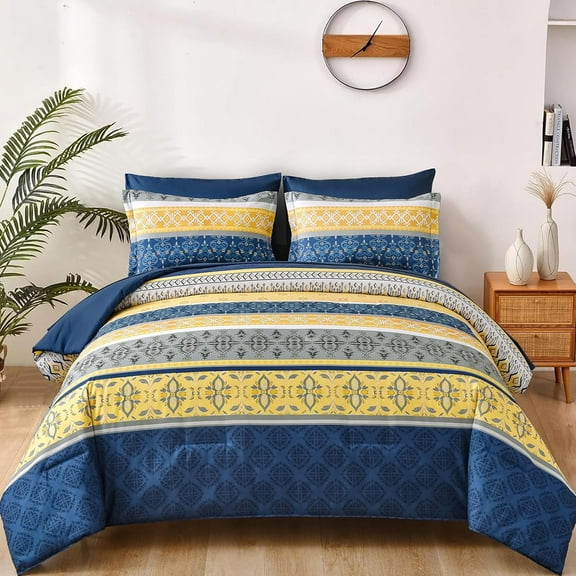 7 Pieces Navy Blue and Yellow Boho Comforters Set Queen Size Paisley Floral Bed in a Bag Striped for All Season
