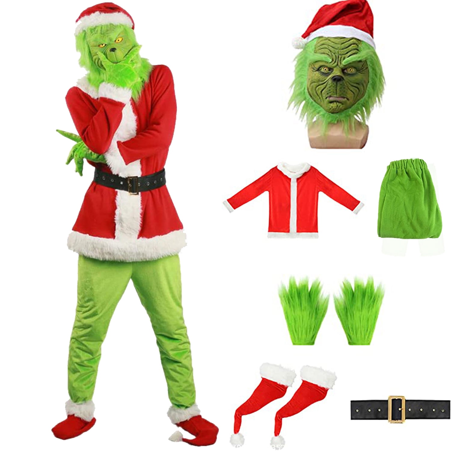 7 Pieces New Grinch Santa Claus Costume For Men Plus Size Adult ...
