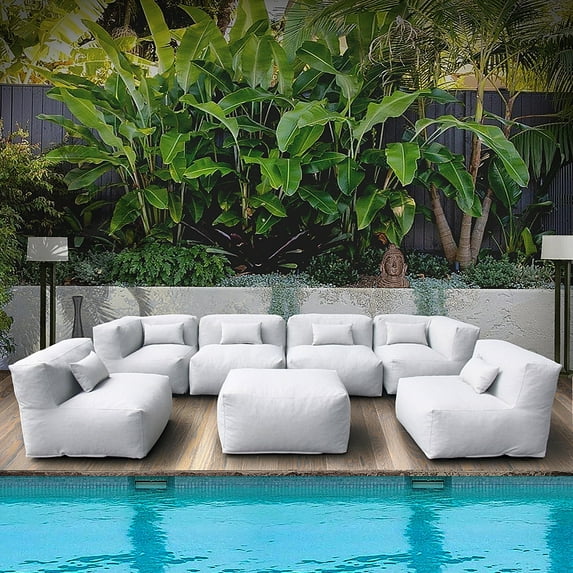 7 Pieces Olefin Patio Conversation Set with Thickened Cushions 6-Seat Outdoor Furniture Set with Bean Bag Chairs (Light Gray)