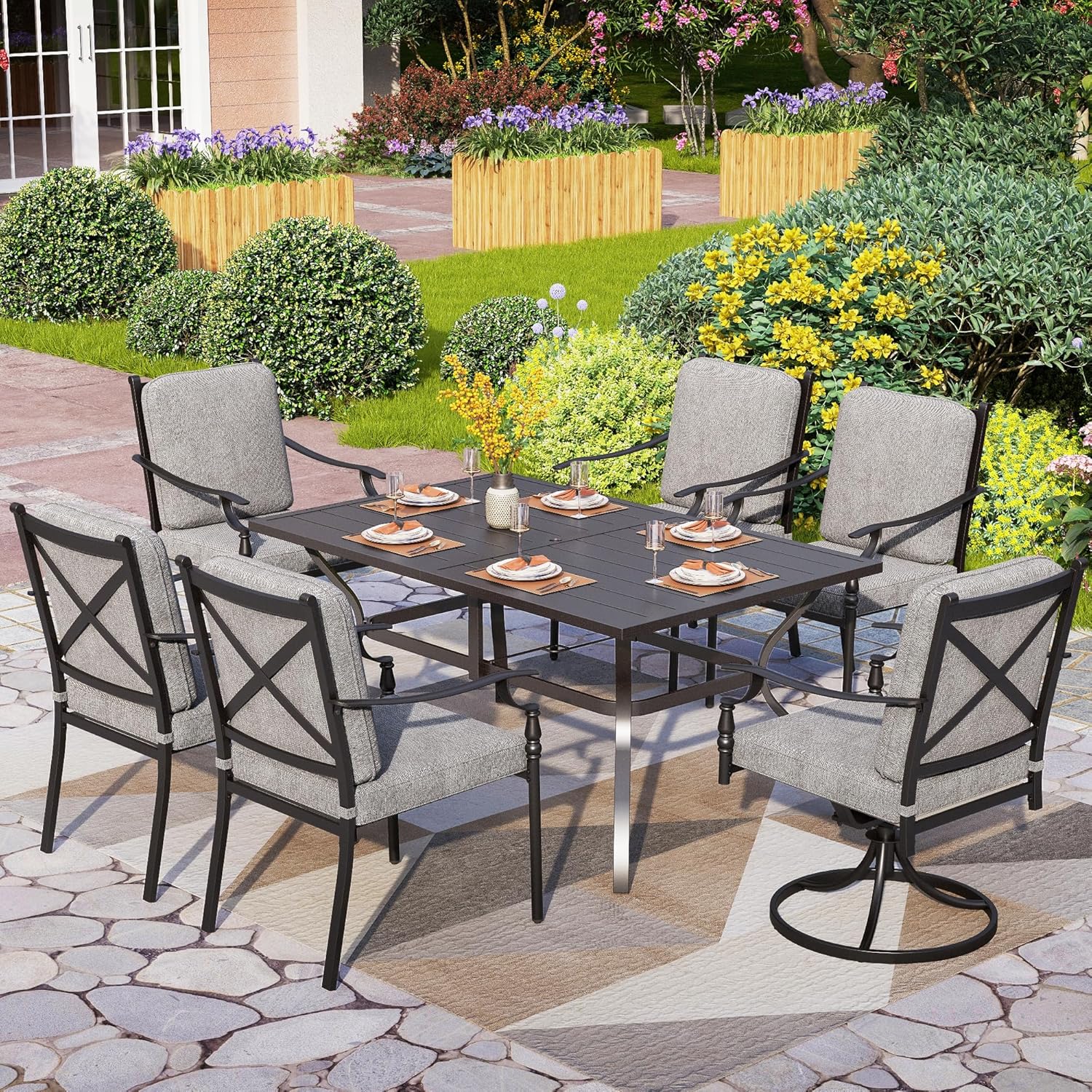 7 Pieces Outdoor Dining Set for 6 with Stackable Chairs with Wood Grain Top, for Garden, Patio, Backyard, Brown