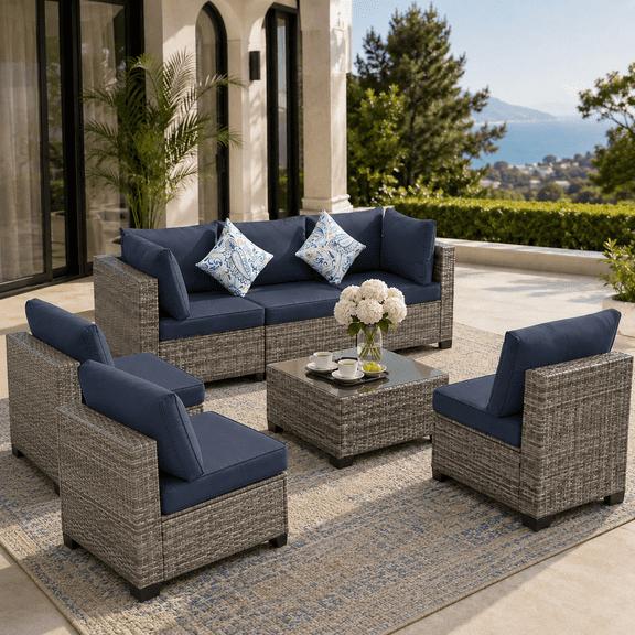 7 Pieces Outdoor Funiture Set, Heavy-Duty Metal Frame Patio Funiture Set with Thick Cushions,Rattan Outdoor Couch Sectional Sofa Set with Coffee Table, Brown