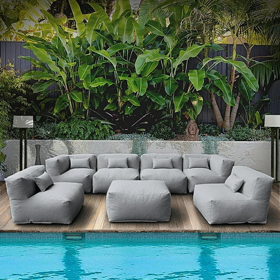 7 Pieces Outdoor Furniture Set with Bean Bag Chairs 6-Seat Olefin Patio Conversation Set with Thickened Cushions (Dark Gray)