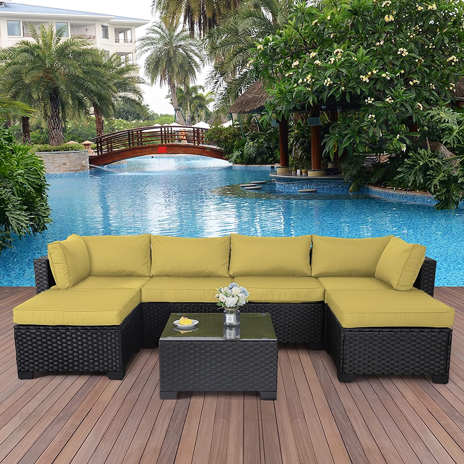 7 Pieces Outdoor PE Wicker Set Patio Rattan Sectional Conversation Sofa