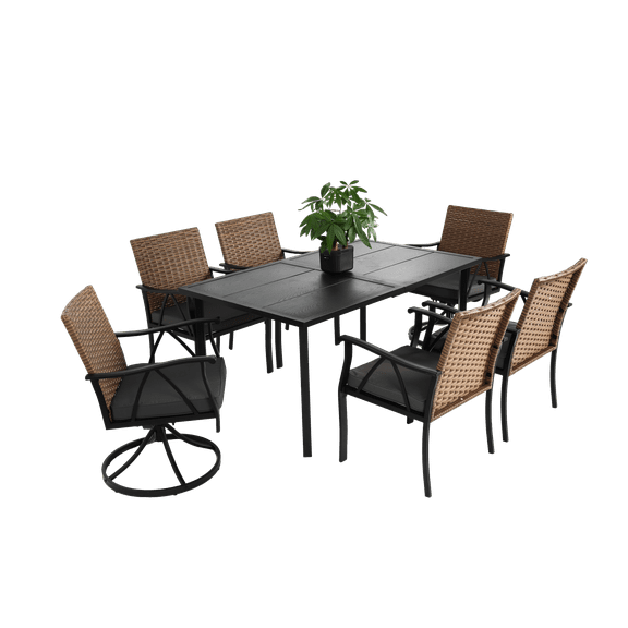 7 Pieces Outdoor Patio Dining Set,Outdoor Wicker Dining Table Set with 2 Swivel Rocker Chairs,Patio Furniture Set for Patio, Backyard, Balcony, Garden,Brown+Gray