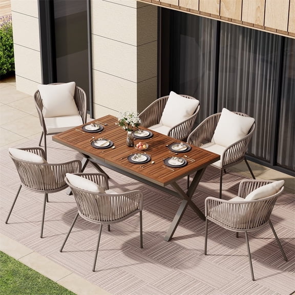 7 Pieces Outdoor Patio Dining Set for 6, All-Weather Outdoor Furniture Set with Dining Table and Chairs for Garden, Backyard, Balcony, Beige