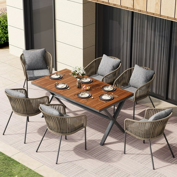 7 Pieces Outdoor Patio Dining Set for 6, All-Weather Outdoor Furniture Set with Dining Table and Chairs for Garden, Backyard, Balcony, Grey