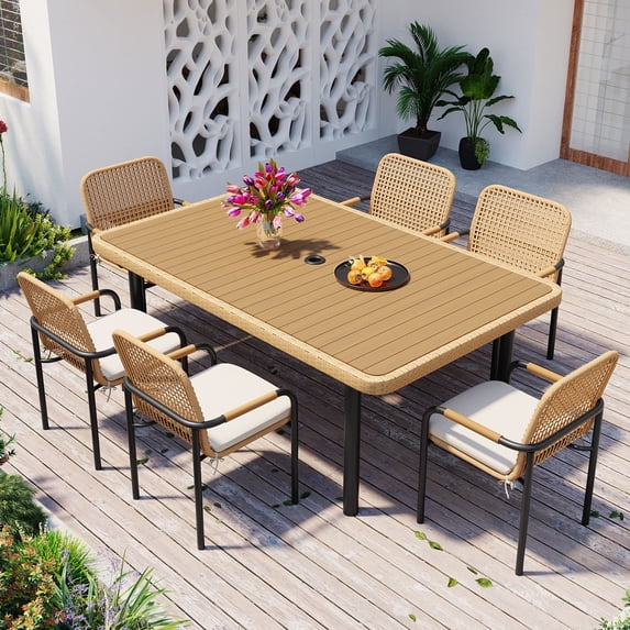 7 Pieces Outdoor Patio Dining Set for 6, Outdoor Wicker Furniture Set with Umbrella Hole for Backyard, Garden and Poolside, Beige
