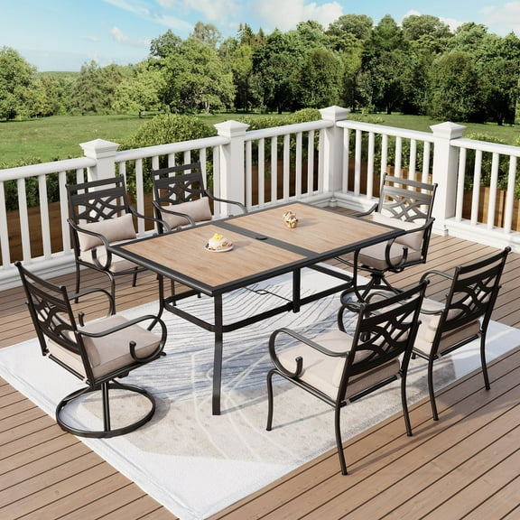 7 Pieces Outdoor Patio Dining Set with Aluminum Swivel Chairs with Seat Cushions & Back Cushions and Table for 6 Person, Black & Beige