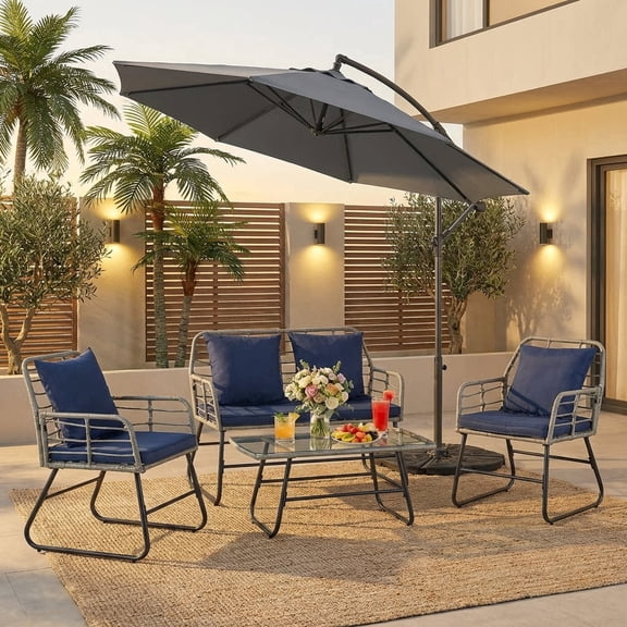 4 Pieces Outdoor Patio Furniture Set, Outdoor PE Conversation Set with Cushion, Glass Table, Pillow, Blue