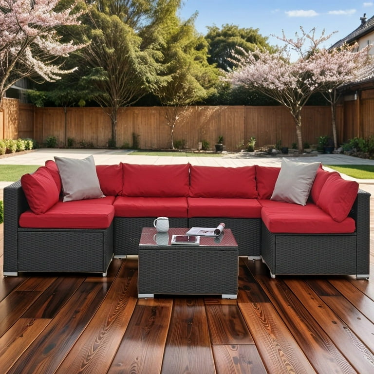 Aminy 7 Pieces Polyester Cushion Included with Glass Table Red