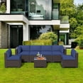 thumbnail image 1 of 7 Pieces Outdoor Patio Furniture Set, Rattan Sectional Sofa, Conversation Set with Waterproof Cushion and Coffee Table, for Deck, Backyard, Dark Blue-2, 1 of 9