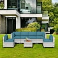 thumbnail image 1 of 7 Pieces Outdoor Patio Furniture Set, Rattan Sectional Sofa, Conversation Set with Waterproof Cushion and Coffee Table, for Deck, Backyard, Garden, Peacock Blue, 1 of 9