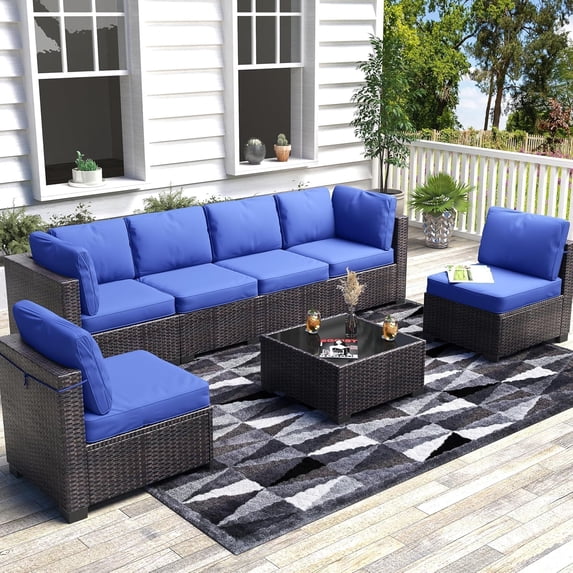 7 Pieces Outdoor Patio Furniture Set, Rattan Wicker Sofa Set with Soft Cushions and Coffee Table, All-Weather Outdoor Furniture for Garden, Porch, Poolside, Brown&Navy