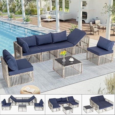 7 Pieces Outdoor Patio Furniture Set, Wicker Outdoor Sectional Conversation Couch Set with Adjustable Backrest Sofa, Cushions & Coffee Table for Outside,Garden,Deck,Gray Wicker/Blue Cushions