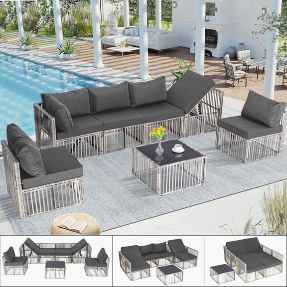 7 Pieces Outdoor Patio Furniture Set, Wicker Outdoor Sectional Conversation Couch Set with Adjustable Backrest Sofa, Cushions & Coffee Table for Outside,Garden,Deck,Gray Wicker/Gray Cushions