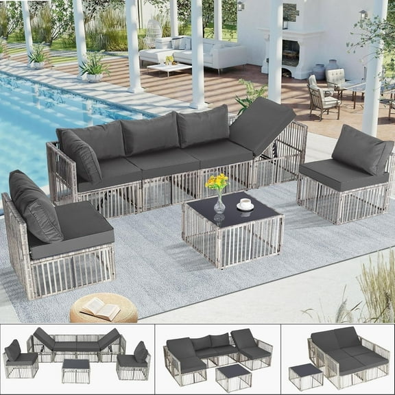 7 Pieces Outdoor Patio Furniture Set, Wicker Outdoor Sectional Conversation Couch Set with Adjustable Backrest Sofa,  Cushions & Coffee Table for Outside,Garden,Deck,Gray Wicker/Gray Cushions
