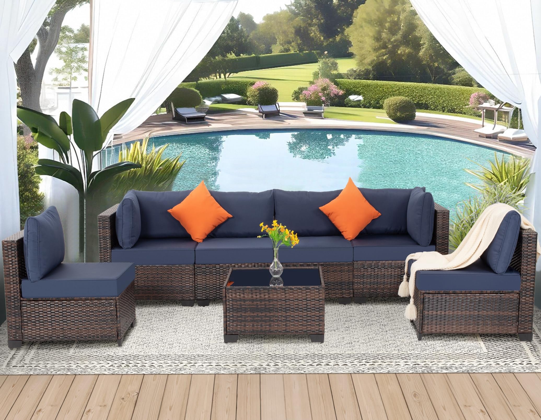 7 Pieces Outdoor Patio Furniture Set, Wicker Sectional Sofa Set Rattan Modular Patio Conversation Sets with Cushions Couch Set & Coffee Table for Outside, Garden, Balcony, Porch, Brown/Blue