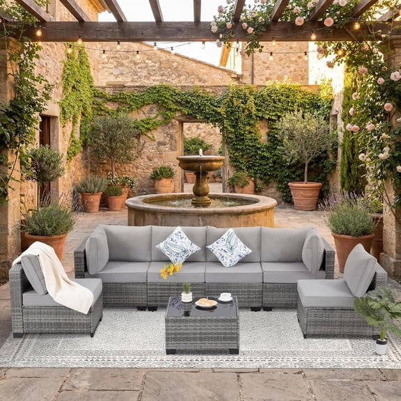 7-Piece All Weather PE Rattan Wicker Modular Outdoor Sectional Conversation Set with Thick Weather Resistant Cushions & Coffee Table for Garden Balcony Porch Backyard Deck