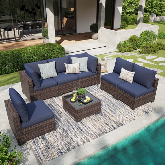 7‑Piece Outdoor Rattan Wicker Modular Sectional Sofa Set with Cushions & Coffee Table, Brown/Blue, for Patio Garden Balcony Porch