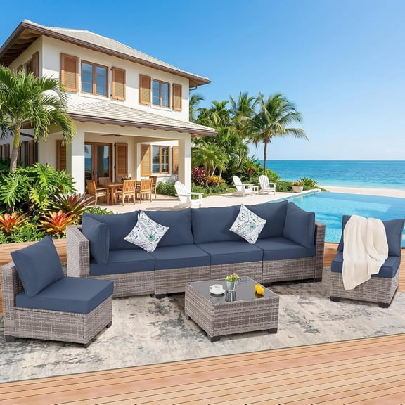 7 Pieces Outdoor Patio Furniture Set, Wicker Sectional Sofa Set Rattan Modular Patio Conversation Sets with Cushions Couch Set & Coffee Table for Outside,Garden,Balcony,Porch