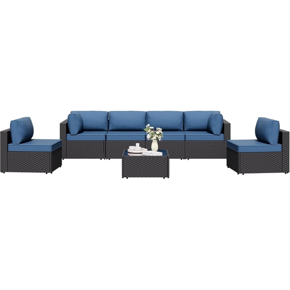 7 Pieces Outdoor Patio Sectional Sofa Couch, Wicker Furniture Patio Conversation Sets with Washable Cushions & Coffee Table for Garden, Poolside, Backyard