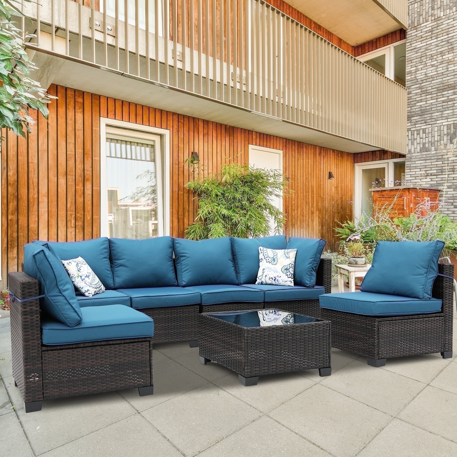 ZXRLHX 7-Piece Outdoor Rattan Patio Furniture Set (Brown/Peacock Blue) with Anti-slip Cushions