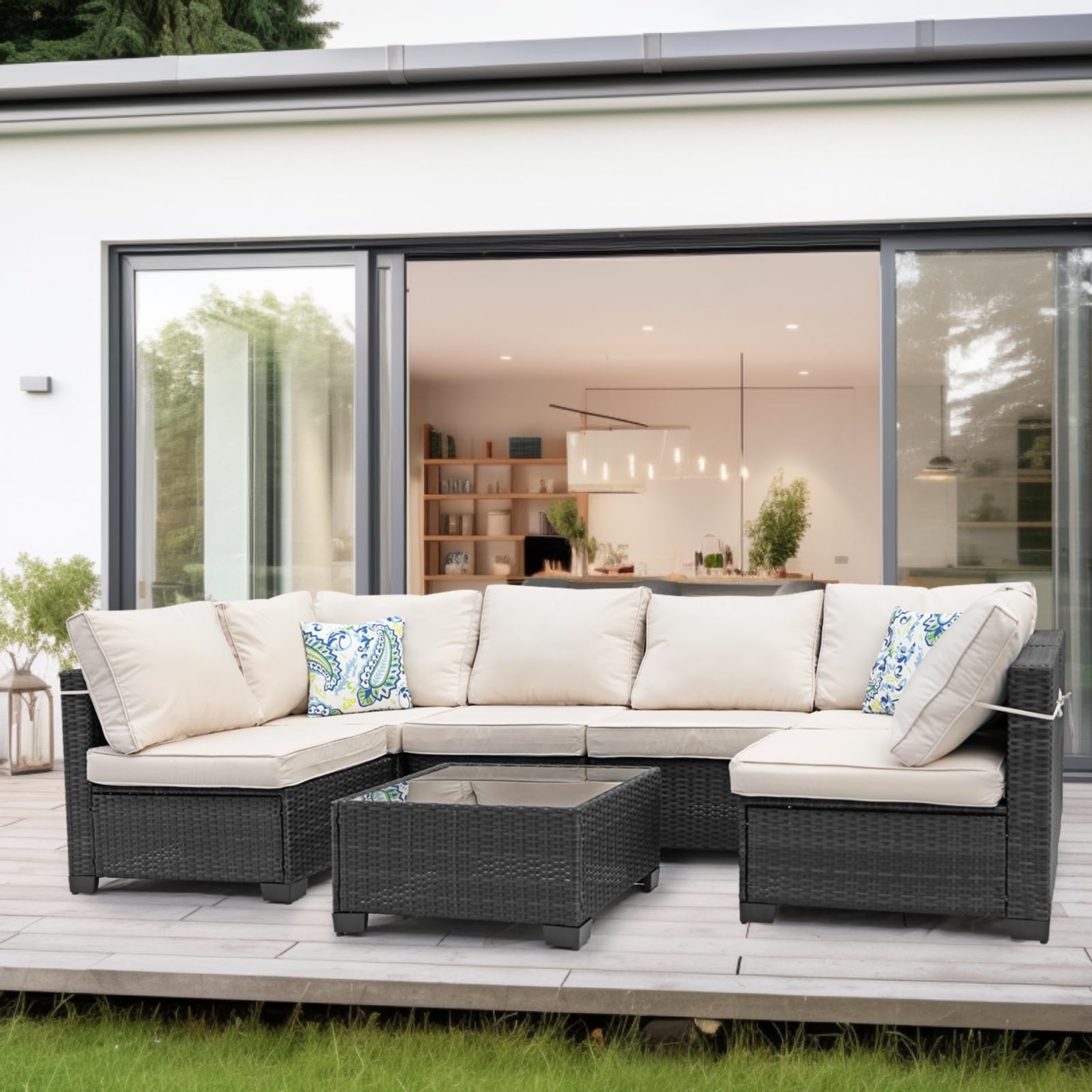 7 Pieces Outdoor Rattan Wicker Patio Set with Coffee Table, Armless