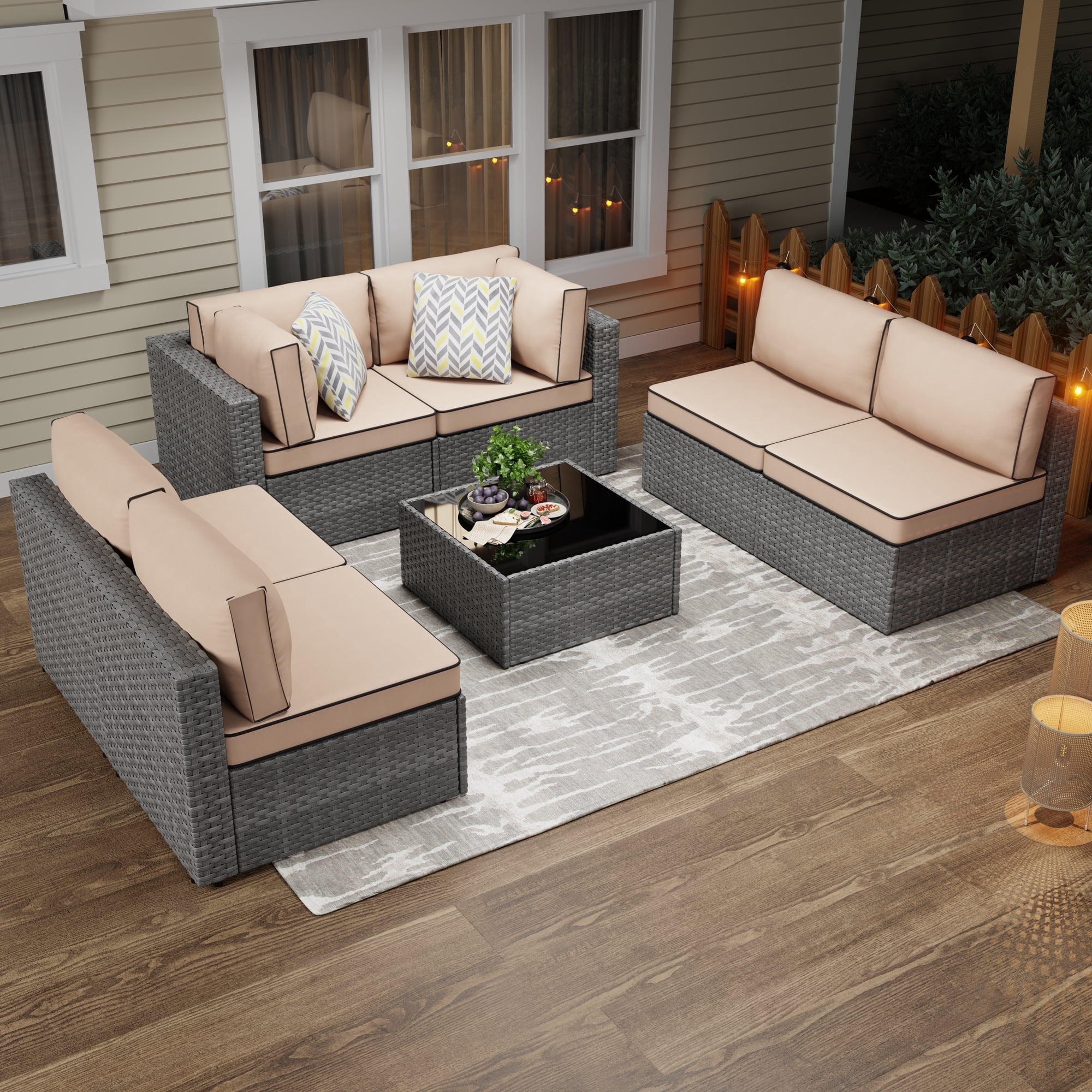Walsunny 7 Pieces Patio Conversation Set, All-Weather Silver Rattan Wicker Patio Furniture Sets with 6 Chairs and 1 Coffee Table, Washable Couch Cushions,Khaki