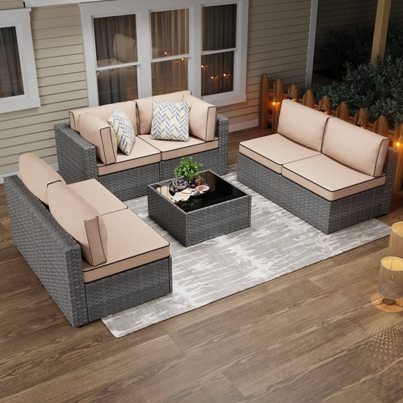 Walsunny 7 Pieces Patio Conversation Set, All-Weather Silver Rattan Wicker Patio Furniture Sets with 6 Chairs and 1 Coffee Table, Washable Couch Cushions,Khaki