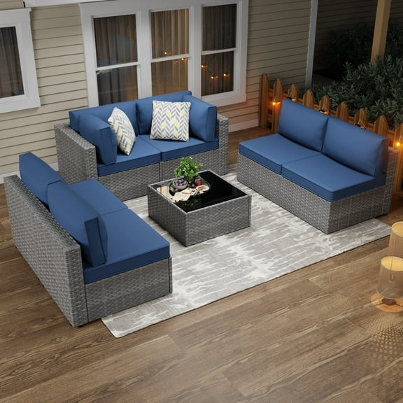 Walsunny 7 Pieces Patio Conversation Set, All-Weather Silver Rattan Wicker Patio Furniture Sets with 6 Chairs and 1 Coffee Table, Washable Couch Cushions,Navy Blue