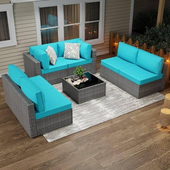Walsunny 7 Pieces Patio Conversation Set, All-Weather Silver Rattan Wicker Patio Furniture Sets with 6 Chairs and 1 Coffee Table, Washable Couch Cushions,Blue