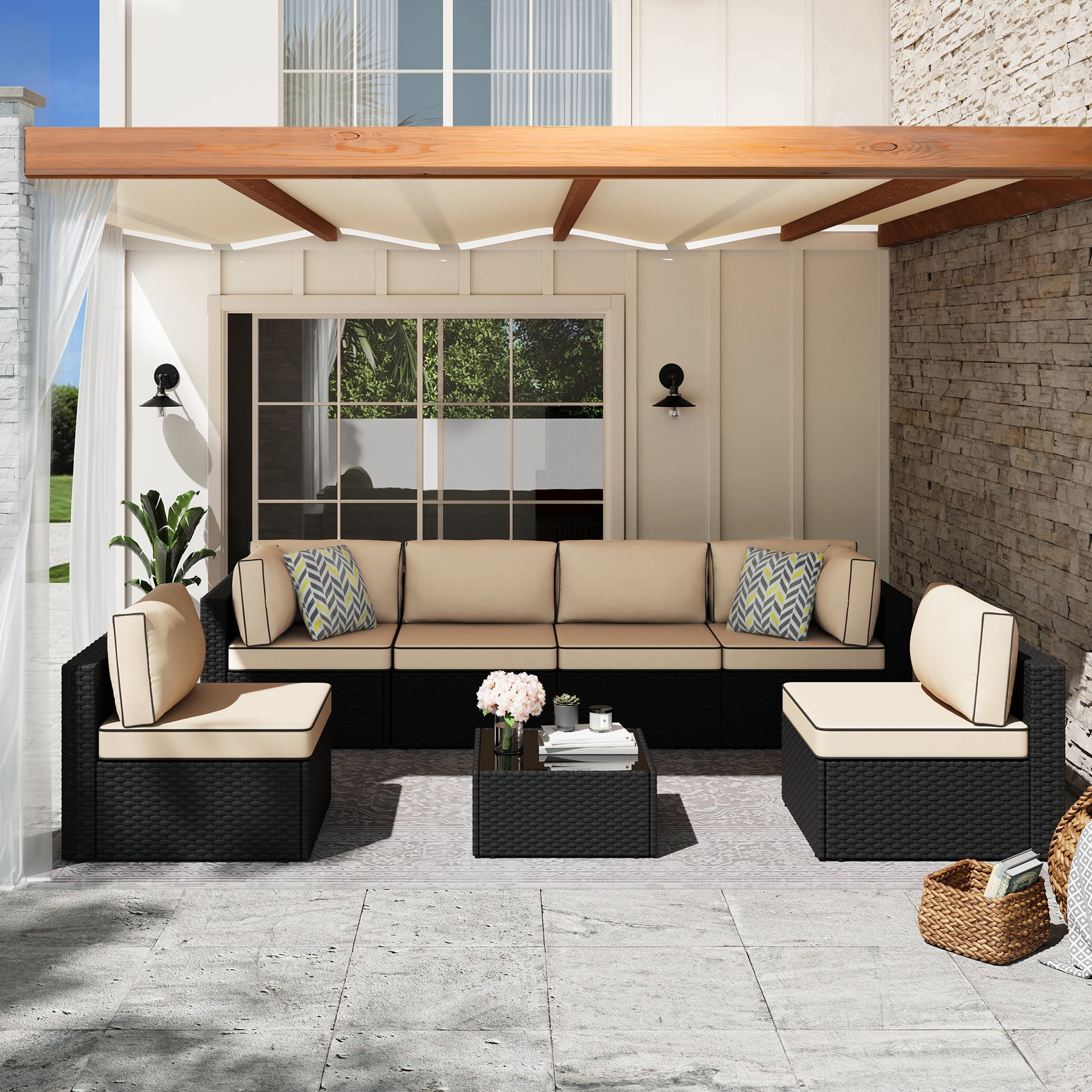 Walsunny 7 Pieces Patio Conversation Set, All-Weather Silver Rattan Wicker Patio Furniture Sets with 6 Chairs and 1 Coffee Table, Washable Couch Cushions,Black Rattan Khaki Cushions