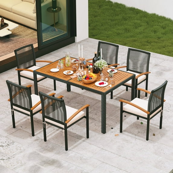 7 Pieces Outdoor Table and Chairs Outdoor Patio Furniture Set Wicker Patio Dining Sets for 6 Patio Table and Chairs Set Outdoor Furniture Set for Garden Yard Porch and Poolside