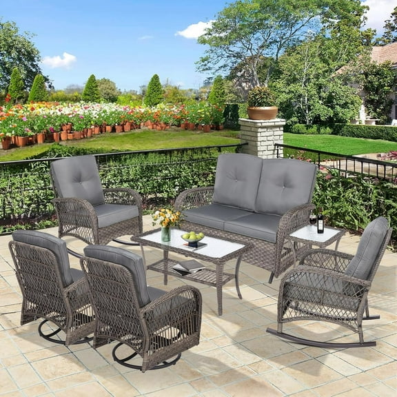 7 Pieces Outdoor Wicker Patio Furniture Set, All Weather Patio Conversation Cushioned Sectional Sofa Set with Glider Loveseat/2 Rocking Chairs/2 Swivel Rockers/2 Glass Coffee Table, Gray
