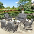 thumbnail image 1 of 7 Pieces Outdoor Wicker Patio Furniture Set, All Weather Patio Conversation Cushioned Sectional Sofa Set with Glider Loveseat/2 Rocking Chairs/2 Rocking Glider/2 Glass Coffee Table, Gray, 1 of 9