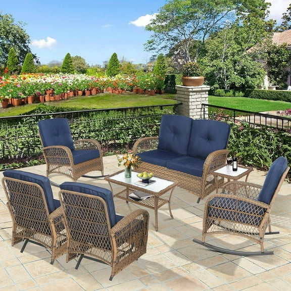 7 Pieces Outdoor Wicker Patio Furniture Set, All Weather Patio Conversation Cushioned Sectional Sofa Set with Glider Loveseat/2 Rocking Chairs/2 Rocking Glider/2 Glass Coffee Table, Navy