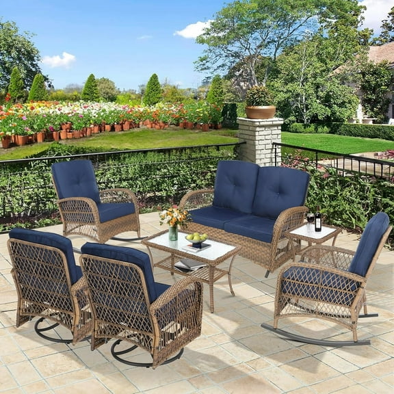 7 Pieces Outdoor Wicker Patio Furniture Set, All Weather Patio Conversation Cushioned Sectional Sofa Set with Glider Loveseat/2 Rocking Chairs/2 Swivel Rockers/2 Glass Coffee Table, Navy
