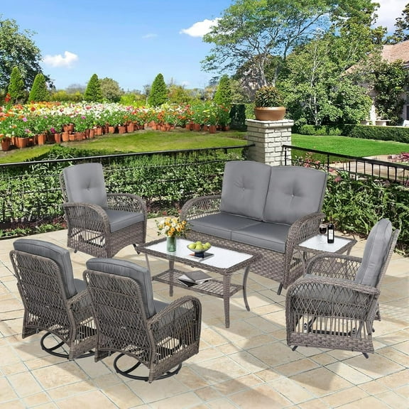 7 Pieces Outdoor Wicker Patio Furniture Set, All Weather Patio Conversation Cushioned Sectional Sofa Set with Glider Loveseat/2 Rocking Glider/2 Swivel Rockers/2 Glass Coffee Table, Gray
