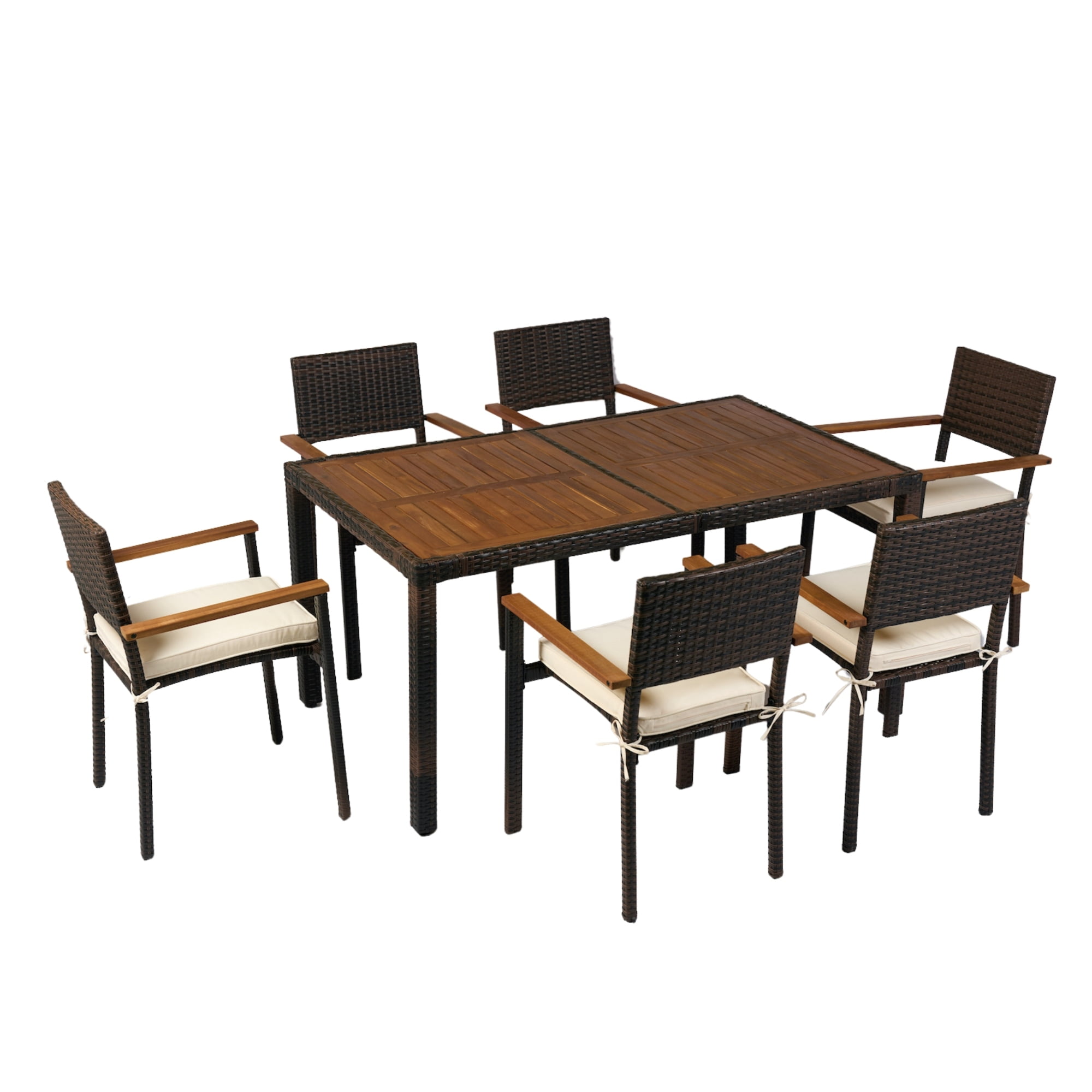 7 Pieces Patio Conversation Set,Outdoor Dining Set with Rectangular Table,Brown Wicker + Cream Cushion