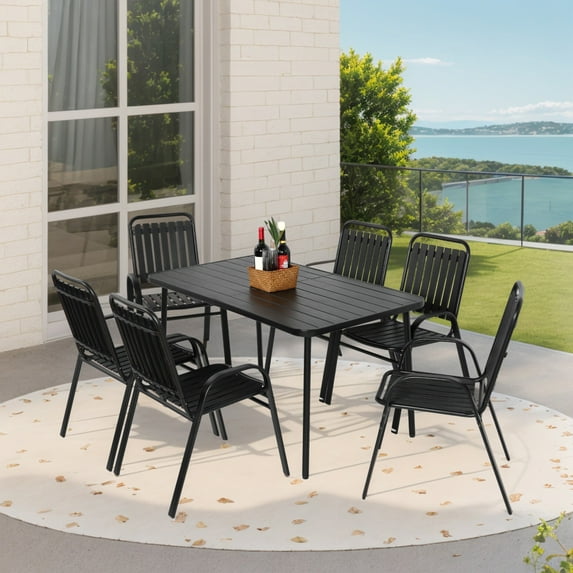 7 Pieces Patio Dining Set, Outdoor Furniture Set of 6 Plastic Chairs with 1 Rectangle Steel Table Top, Conversation Set for Backyard, Garden and Poolside, Black