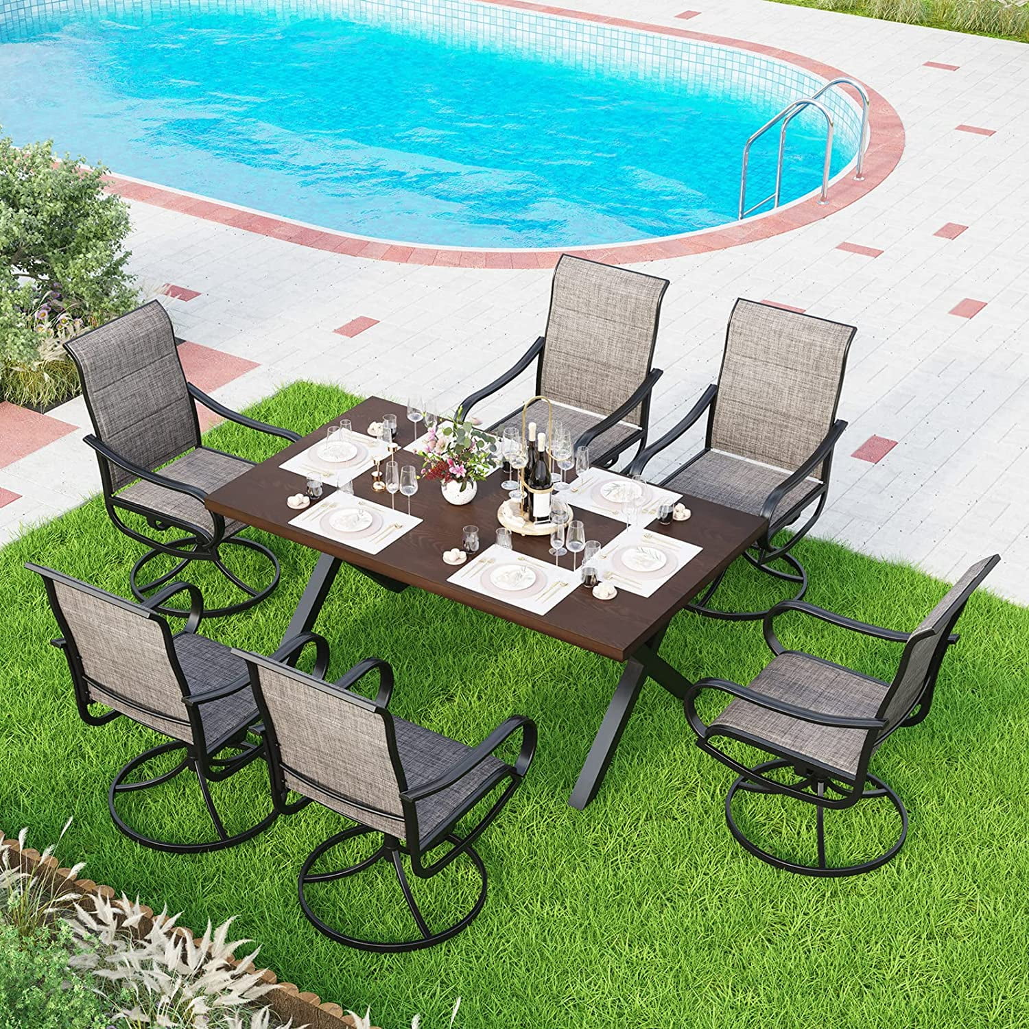 7 Pieces Patio Dining Set Rectangular Expandable Black Metal Table with