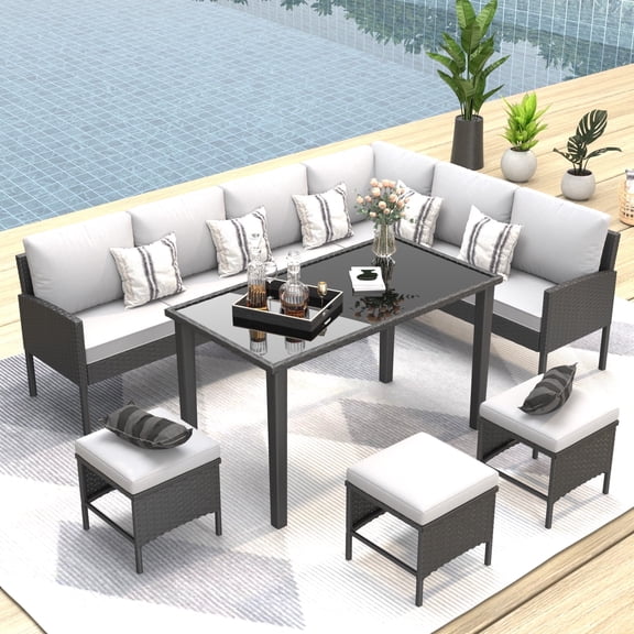 wallowsun 7-Piece Grey Wicker Patio Dining Set with Glass Table, High-Back Chairs, and Ottomans for Patio Backyard Lawn Balcony,Grey