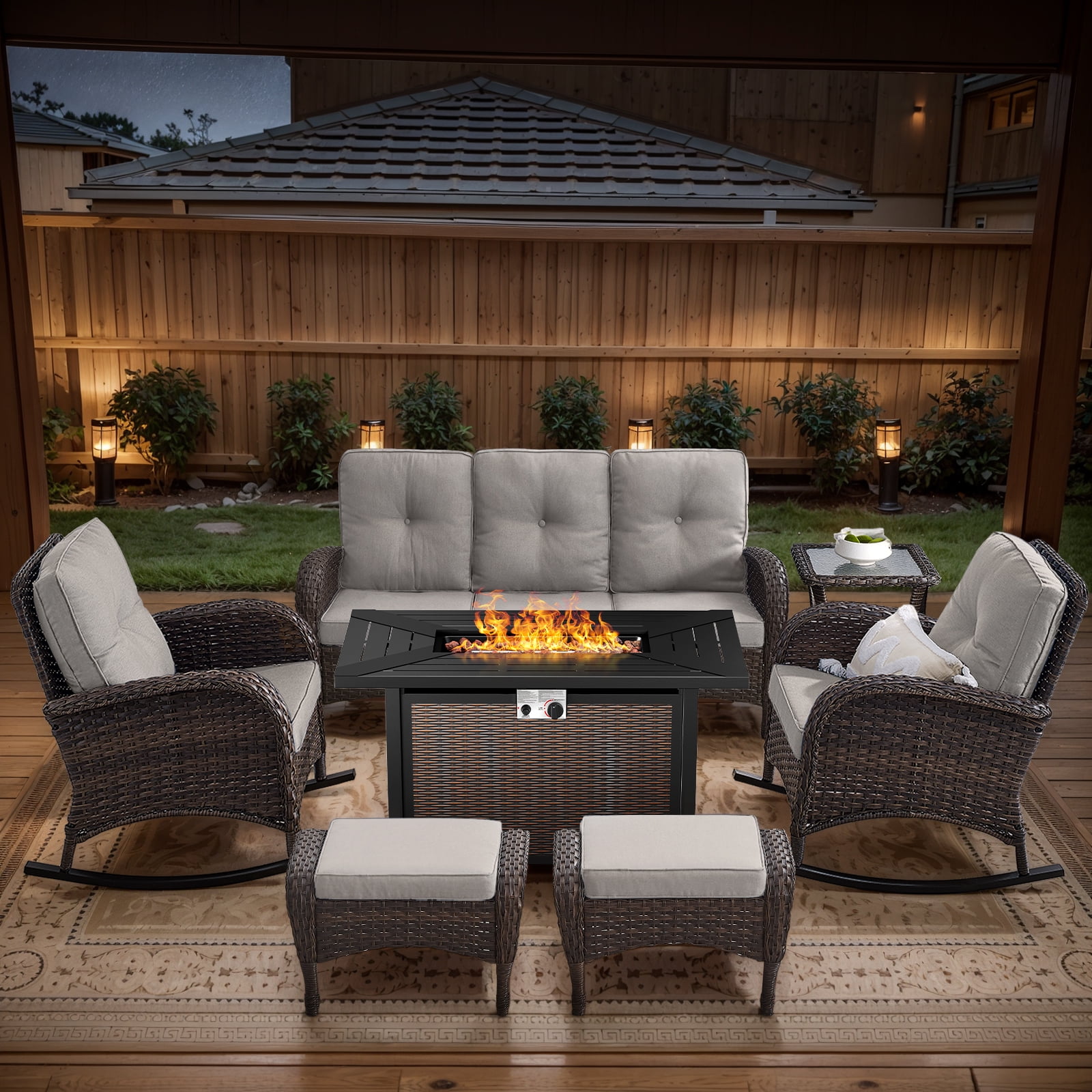 OPOHORO 7 - Pieces Patio Furniture Set with 43" Rectangular Fire Pit Table, Outdoor Conversation Sets with Glider Chairs, Glass Side Table and Ottomans, for Garden Lawn Balcony, Beige Cushion