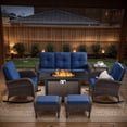 thumbnail image 1 of OPOHORO 7 - Pieces Patio Furniture Set with 43" Rectangular Fire Pit Table, Outdoor Conversation Sets with Glider Chairs, Glass Side Table and Ottomans, for Garden Lawn Balcony, Blue Cushion, 1 of 21