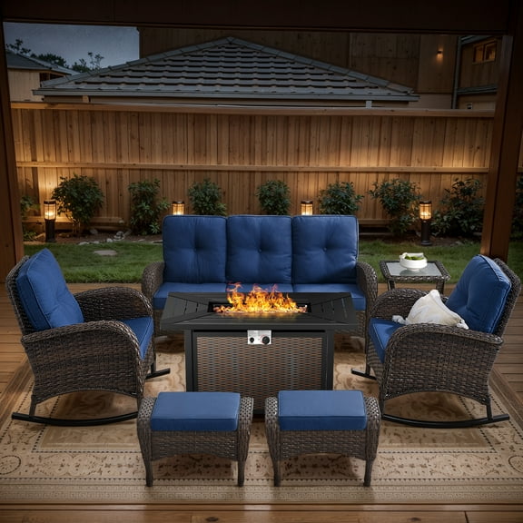 OPOHORO 7 - Pieces Patio Furniture Set with 43" Rectangular Fire Pit Table, Outdoor Conversation Sets with Glider Chairs, Glass Side Table and Ottomans, for Garden Lawn Balcony, Blue Cushion