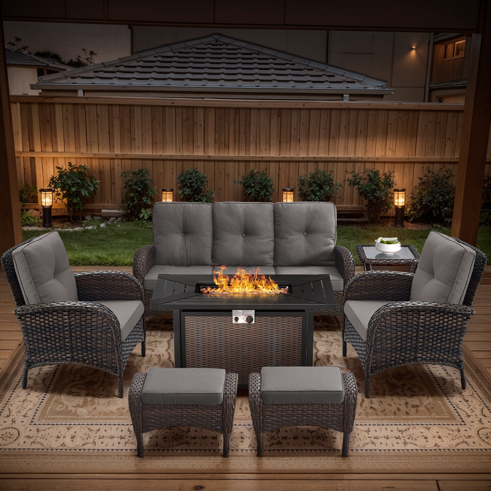 OPOHORO 7 - Pieces Patio Furniture Set with 43" Rectangular Fire Pit Table, Outdoor Conversation Sets with Lounge Chairs, Glass Side Table and Ottomans, for Garden Lawn Balcony, Gray Cushion