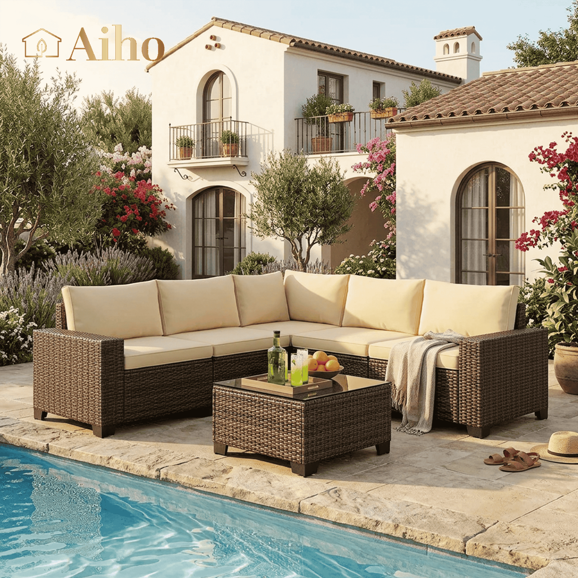 Aiho 6 Pieces Patio Conversation Set, Outdoor Sectional Sofa with All-Weather PE Rattan Wicker, Beige Cushioned Seating for Backyard, Garden, Poolside