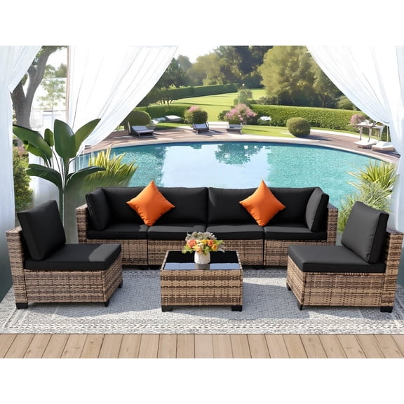 7 Pieces Patio Furniture Set, All-Weather Sectional Sofa PE Rattan Wicker Patio Outdoor Conversation Set with Thickened Cushions and Coffee Table (Yellow&Black)