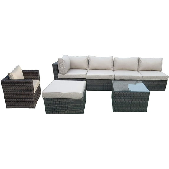 7 Pieces Patio Furniture Set, Aluminum Frame Full Assembled Outdoor Sectional Rattan Sofa Set, All Weather Mix Brown Wicker Conversation Set with Beige Cushions and Throw Pillows