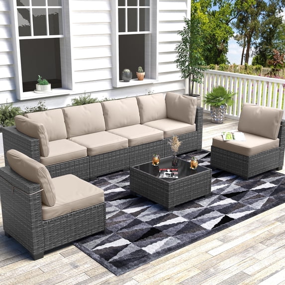 7 Pieces Patio Furniture Set,Outdoor Rattan Conversation Sets with Detachable Soft Cushions and Waterproof Patio Sectional Sofa and Glass Top Table,Suitable for Indoor & Outdoor Use